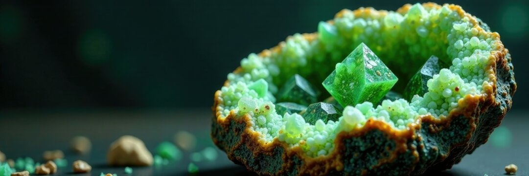 Geode with raw sphalerite crystals nestled among a tangle of green mineral deposits, geode, minerals