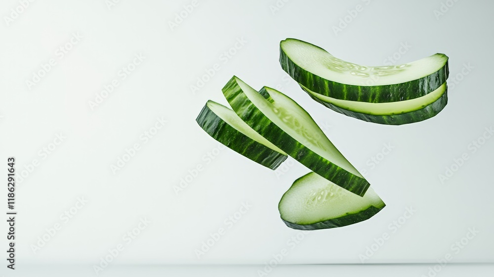 Aufkleber Fresh cucumber slices floating in the air against a minimalist white backdrop, creating a visually appealing image ideal for food, health, or culinary themed projects