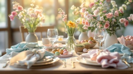 Pastel Easter table setting with flowers and eggs. Perfect for spring cards, blogs, and websites