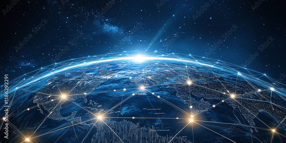 Poster a futuristic digital visualization of the world map with interconnected nodes and glowing lines, sym