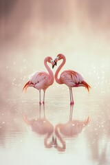 two flamingos in shallow water, with their beaks together forming a perfect heart.