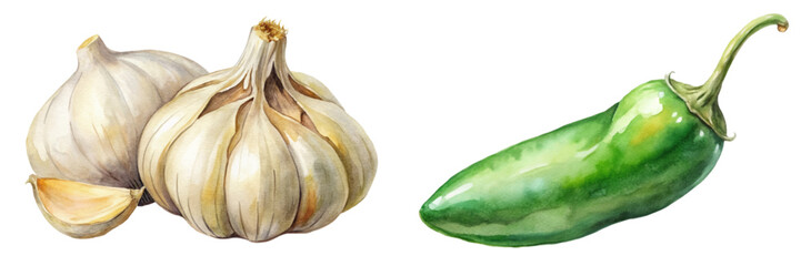 Fresh garlic bulbs, vibrant jalapeno pepper, watercolor illustration, organic produce, culinary ingredients, healthy cooking.