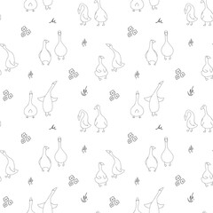 Goose Seamless Pattern. Cute Cartoon geese, Vector Illustration Background.