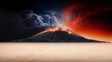 vibrant photograph of ash covered volcano slope erupting with lava, surrounded by dark clouds and fiery sky. scene captures raw power of nature