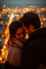 Romantic couple embracing with city lights backdrop