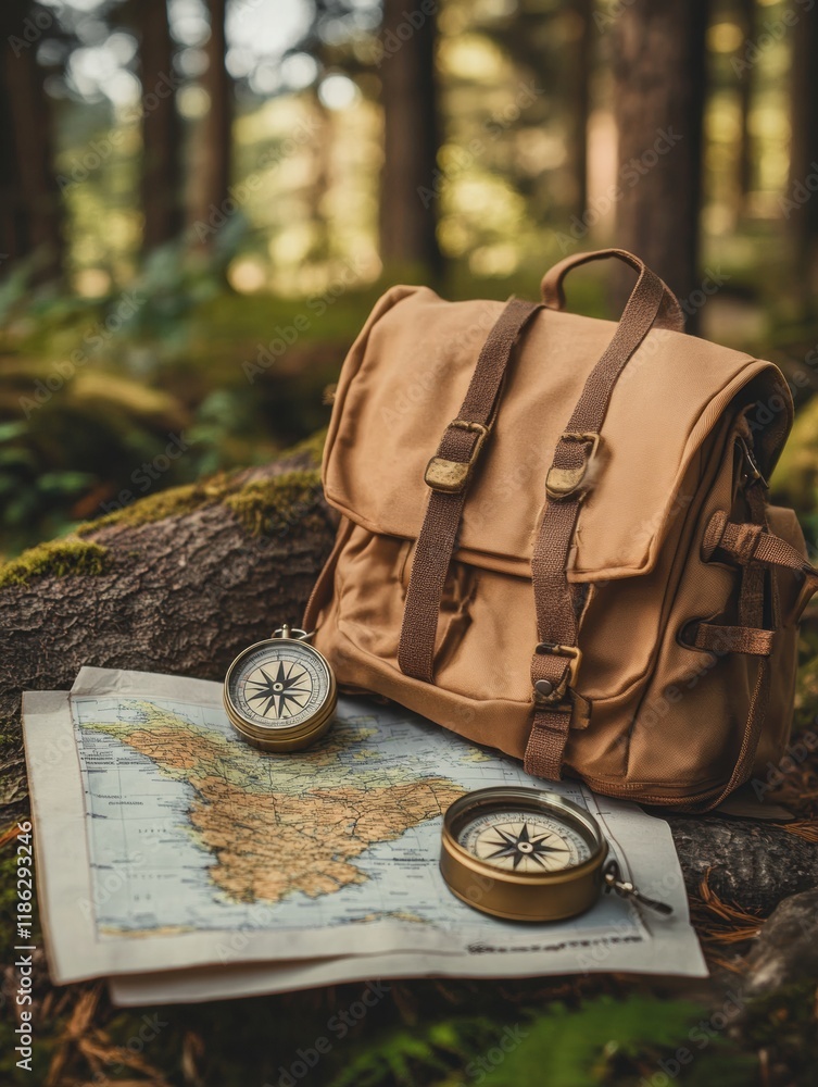 Poster Backpack, compass, and map displayed on a forest floor inviting exploration and adventure in nature. Generative AI