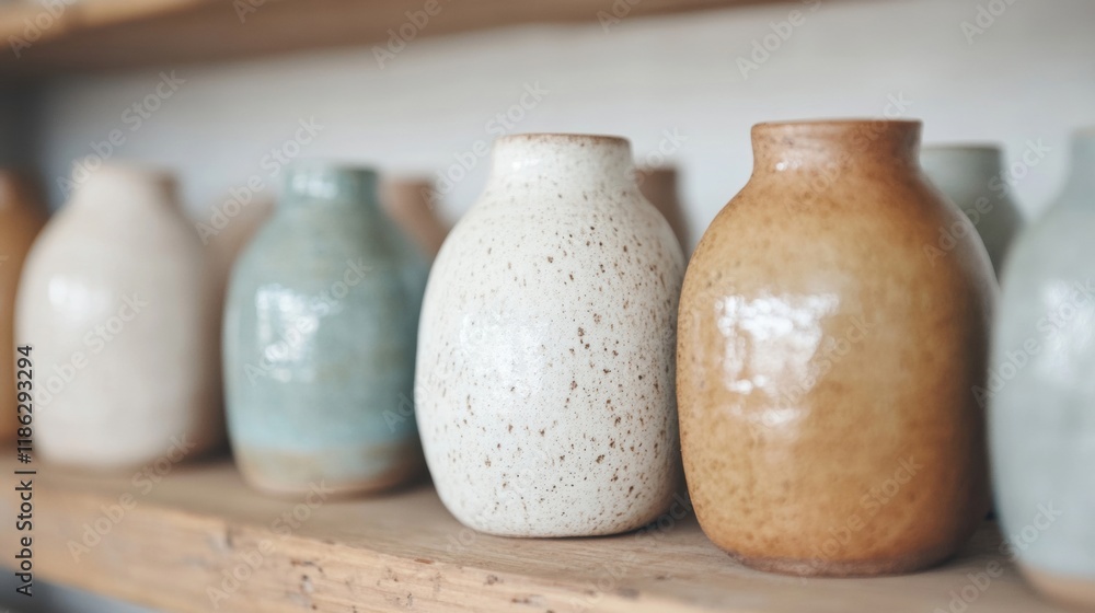 Poster a collection of minimalist clay vases in soft colors sits neatly on wooden shelves, adding a touch o