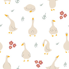 Goose Seamless Pattern. Cute Cartoon geese, Vector Illustration Background.