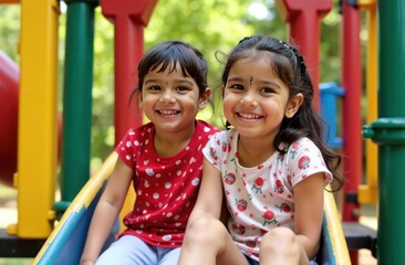 Little children at colorful playground slide, enjoying playful childhood moment, happy kids at vibrant outdoor play area - concept of playground equipment, kids' recreation, outdoor fun.