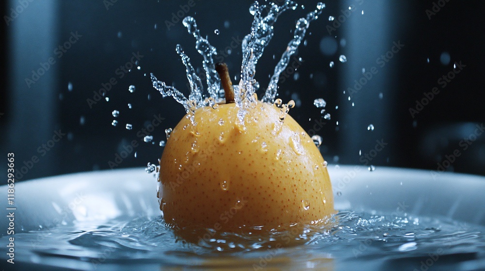 Poster a yellow pear splashes into water, creating dynamic droplets in a visually striking scene.