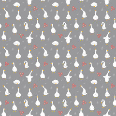 Goose Seamless Pattern. Cute Cartoon geese, Vector Illustration Background.