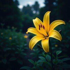 Large bright yellow lily blooms in a dark, mysterious garden at dusk, large flower, dark background
