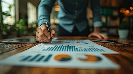 Person reviewing financial charts and graphs on wooden desk.