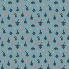 Goose Seamless Pattern. Cute Cartoon geese, Vector Illustration Background.
