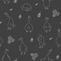 Goose Seamless Pattern. Cute Cartoon geese, Vector Illustration Background.