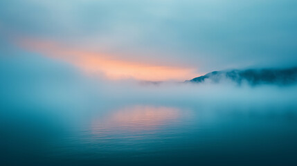Obraz premium serene landscape featuring tranquil lake shrouded in mist at dawn, with soft pastel colors reflecting on water surface.