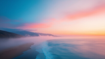 Fototapeta premium serene coastal landscape at sunrise, featuring soft waves and mist.