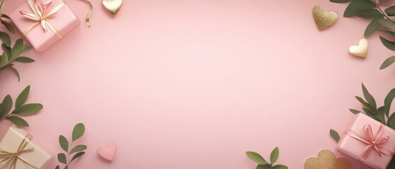 Fototapeta premium A whimsical pink backdrop adorned with shimmering gold hearts and an array of delightful presents, perfect for celebrating love on Valentine's Day.