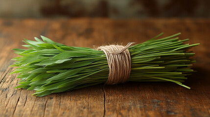 Fresh wheat grass bundle tied with twine on rustic wooden surface, organic superfood concept