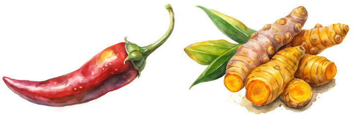 Vibrant chili pepper, fresh turmeric roots, watercolor illustration, culinary ingredients, organic produce, healthy cooking.