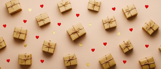 A delightful collection of brown gift boxes adorned with colorful bows and heart motifs, radiating warmth and love for Valentine's Day celebrations.