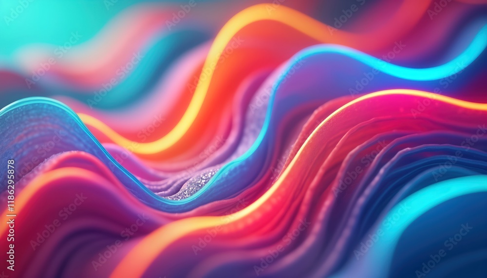 Poster Abstract illustration of vibrant neon ribbons in dynamic flow. Colorful curves, waves create futuristic design. Neon colors blend into in gradient effect. Three-dimensional texture adds visual