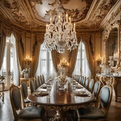 Elegant Dining Room with Ornate Decor and Crystal Chandelier
