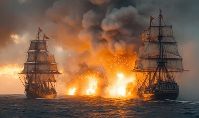 Two tall ships battling amidst fiery explosions.