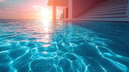 Fototapeta premium Illustration - Tranquil Sunset Poolside Relaxation, Summer Vacation Vibes