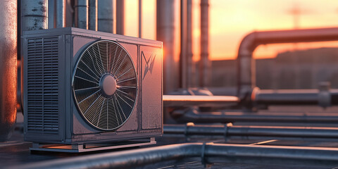 Fototapeta premium A rooftop air conditioning unit with industrial pipes, photographed at sunset, emphasizing modern cooling systems in an urban environment.