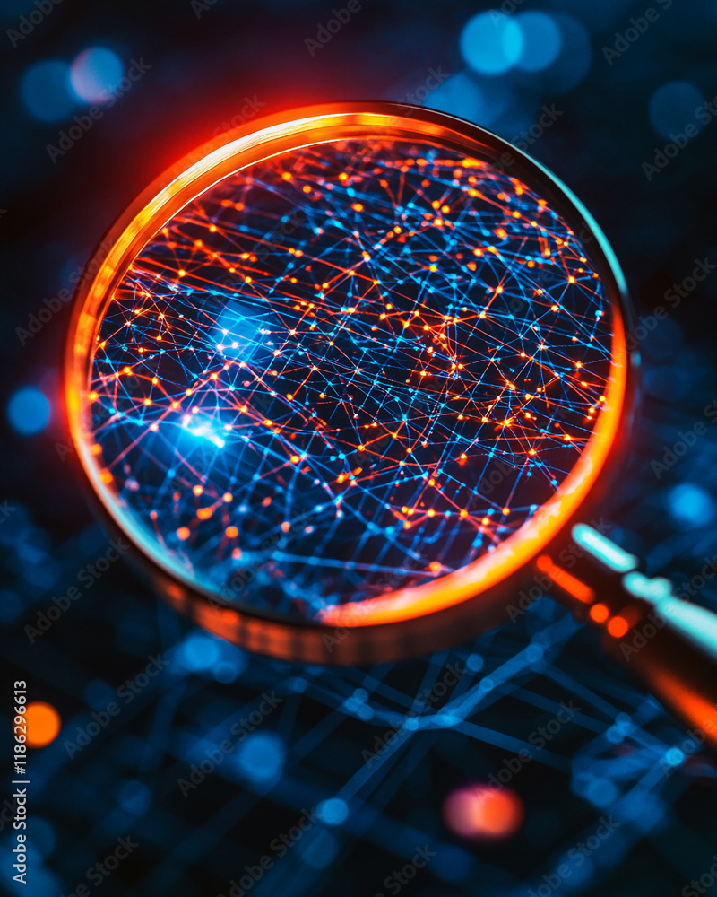 Poster magnifying glass highlighting interconnected glowing network lines