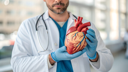 Male doctor in white coat with stethoscope holding model of human heart - close up
