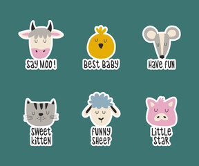 Cute farm animal faces with funny lettering set. Сow, pig, sheep, chicken, mouse and cat hand drawn sticker pack.