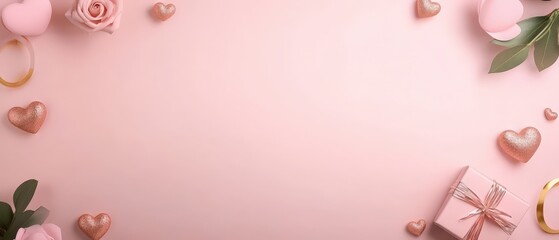 A delightful pink backdrop showcases a charming gift alongside vibrant flowers, capturing the essence of love and romance on Valentine's Day.