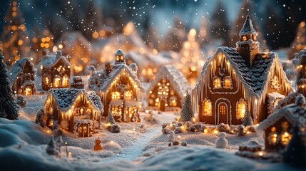 Obraz premium Illustration of Gingerbread Village in Snowy Winter Wonderland with Warm Lights
