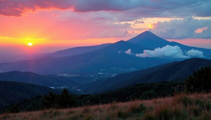 Mount Nebo sits behind at dusk with clouds above, mountain range, landscape, serene