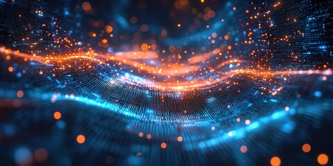 Fototapeta premium Digital technology background with blue glowing light and pixelated dots in motion, creating an abstract digital tunnel or data stream.