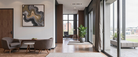 Abstract artwork enhancing modern hallway interior design, creative elegance