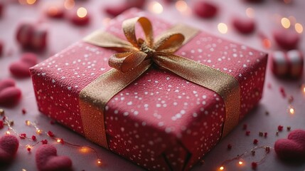 Obraz premium Elegant Sparkling Gift Box with Gold Ribbon Under Warm Lighting