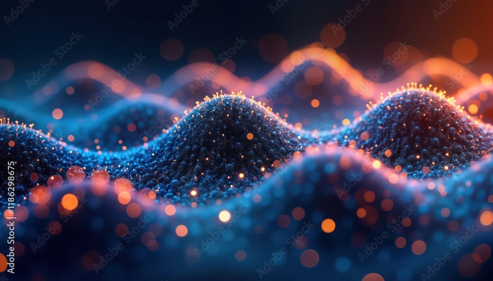 Poster Abstract digital wave pattern. Particle flow shows smooth curves, energetic motion. Dark blue, orange colors create dynamic futuristic look. AI generative art. Visualisation of data flow. Modern tech