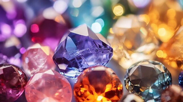 Close-up of assorted colorful gemstones with a large purple gem in the foreground generated AI - Powered by Adobe