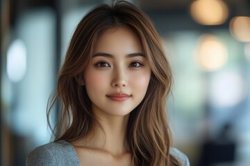 confident asian female ceo in modern glass office building, professional business portrait with city skyline background, leadership concept