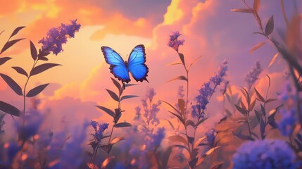 A breathtaking scene of a striking blue butterfly perched on a delicate flower during sunset.