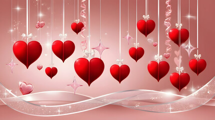 red hearts hunging with ribbons.