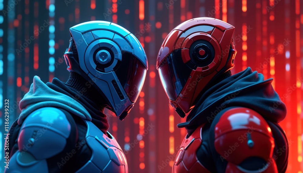 Poster two futuristic figures face. cybernetically enhanced figures in blue, red armor confront in digital 
