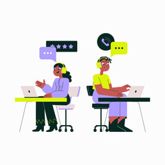 Customer Support Team Working With Laptops And Headphones In Flat Vector Illustration Symbolizing Communication, Technology, And Remote Work, Isolated On White Background