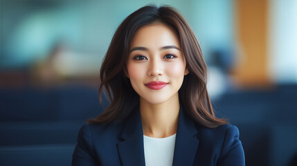 Naklejka premium Confident Asian woman in business suit, smiling warmly in modern office setting.
