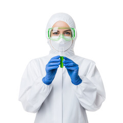 Fototapeta premium Scientist with Test Tube | Laboratory Work, Protective Gear, Isolated Researcher
