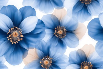 Seamless digital floral pattern with vibrant blue and soft beige flowers on white background