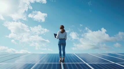 Female engineer with a tablet, inspecting solar panels on a sunny day, sustainable energy concept, modern and forward-thinking --ar 16:9 --v 6.1 Job ID: 0f3126b5-9b69-4a99-b132-b7e82919a16c